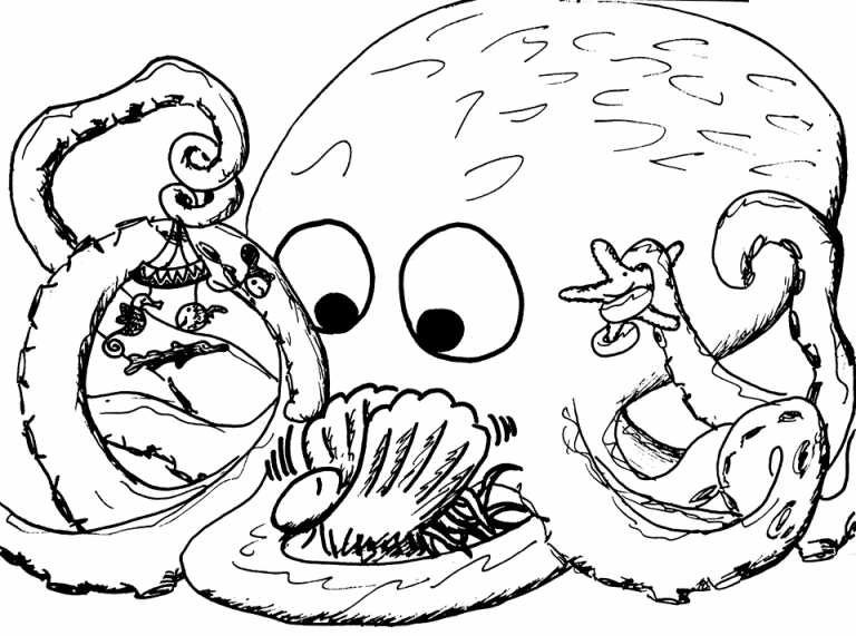 Crno-bijeli crtež hobotnice koja zabavlja bebu hobotnicu mobilom s morskim životinjama.