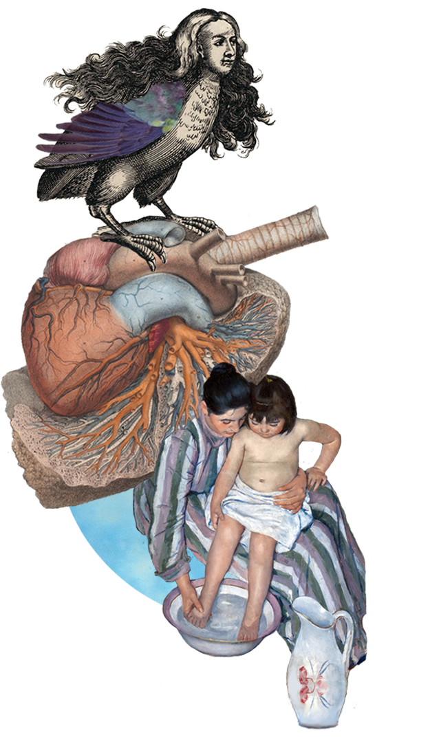 Nadrealni kolaž koji spaja crtež harpije, anatomsku ilustraciju srca i sliku žene koja u krilu drži dijete.
