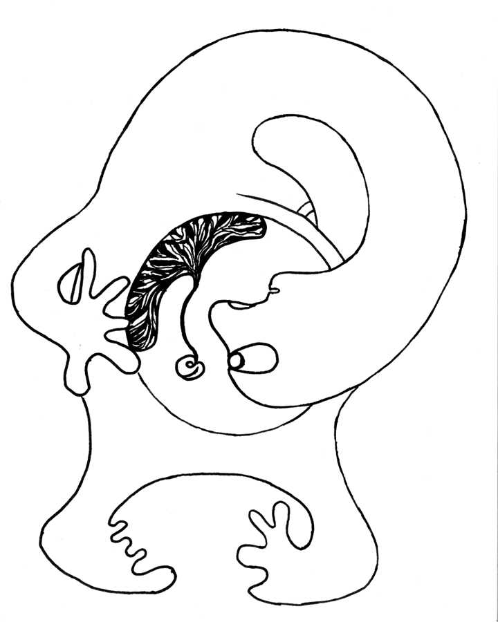 Crno-bijeli crtež ameboidnog dvonožnog bića koje je zagledano u svoju utrobu i vidi posteljicu.