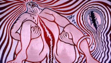 Slika u ružičastim i ljubičastim tonovima prikazuje ženu koja se vidno muči pri porodu