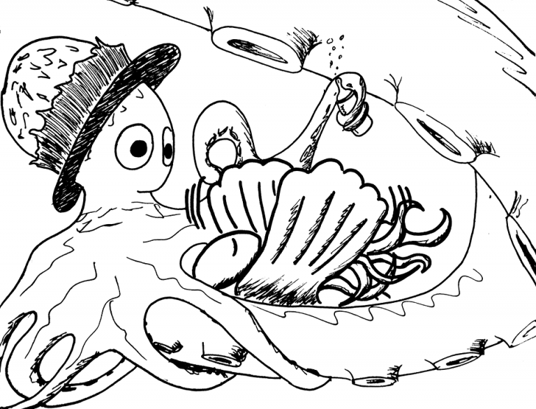 Crno-bijeli crtež hobotnice koja bebi hobotnici daje bočicu.