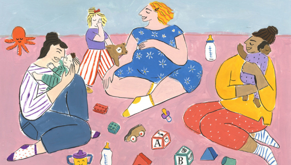 Ilustracija majki koje sjede na podu s djecom okružene igračkama u živim bojama.